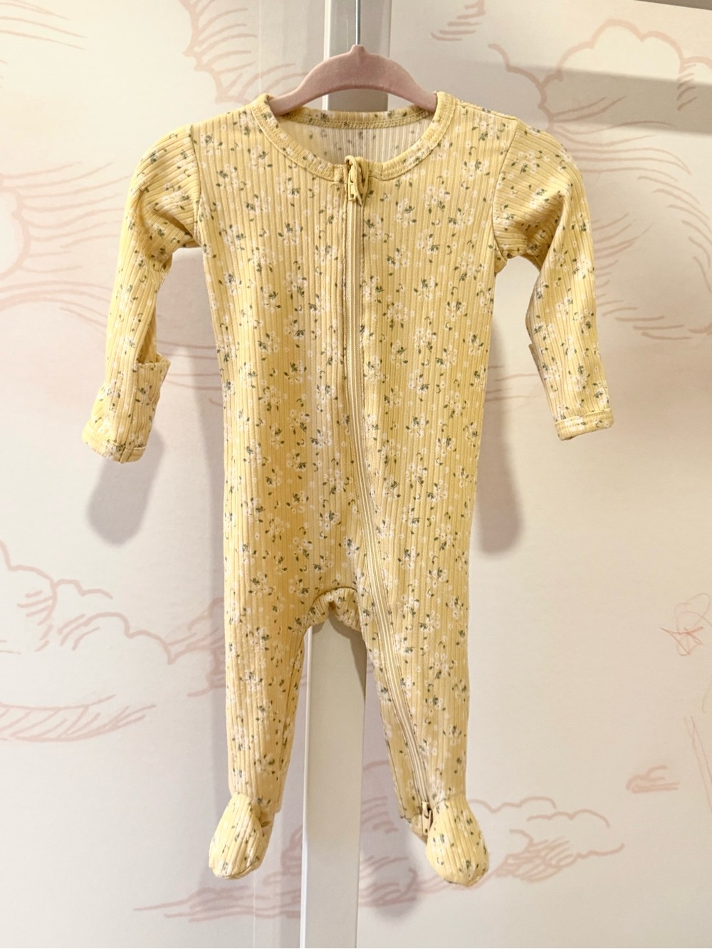 Knotbaby Yellow Floral Ribbed Zip-Front Footed One-Piece- 3-6 Months